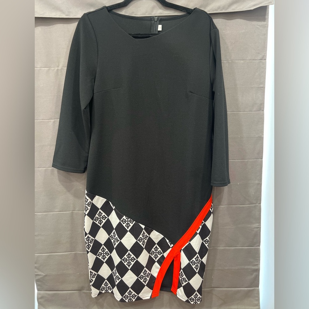 Chic Asymmetrical Black Dress with Red and White Accents